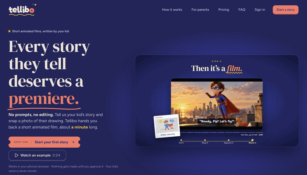 Tellibo home page: the headline 'Every story they tell deserves a premiere.' beside a film still of a child's superhero drawing brought to life over a city skyline.